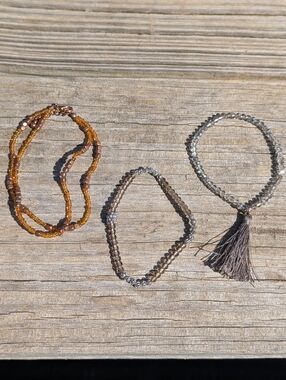 Set Of 3 Beaded Bracelets Amber and Smoky Crystals